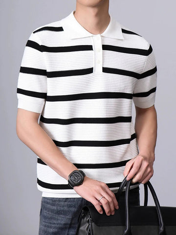 AIDASE  -  Stylish Striped Knitted Polo Shirt Men Vintage Buttoned Lapel Jumpers Summer Stylish Mens Short Sleeve Slim Polos Knitting Tops aidase-shop